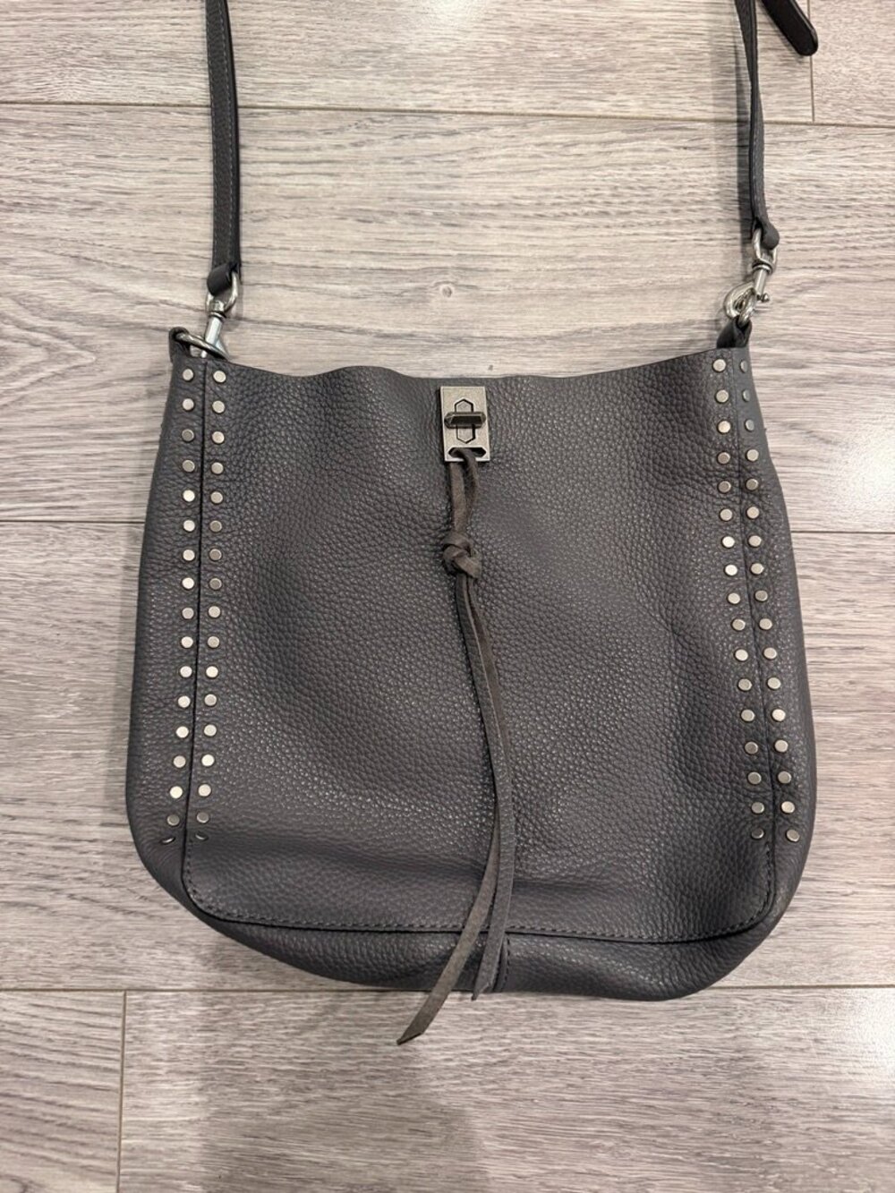 Rebecca Minkoff Grey Pebbled Leather Bucket Bag – Crossbody with Studs & Tassels